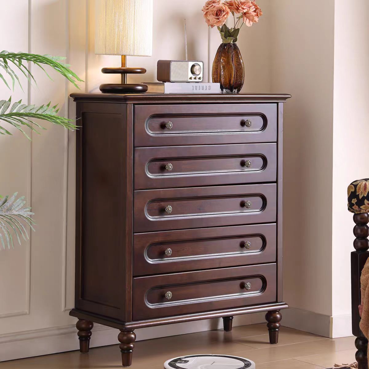 中古风复古实木五斗柜客厅靠墙斗橱卧室法式美式收纳储物柜子 胡桃色 80cm*40cm*96cm五斗柜