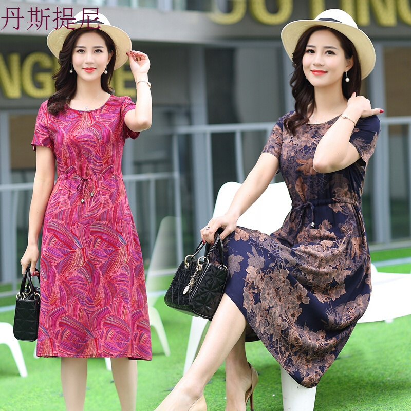 中年人夏装裙子棉绸中老年女装碎花连衣裙妈妈装短袖绵绸长裙大码