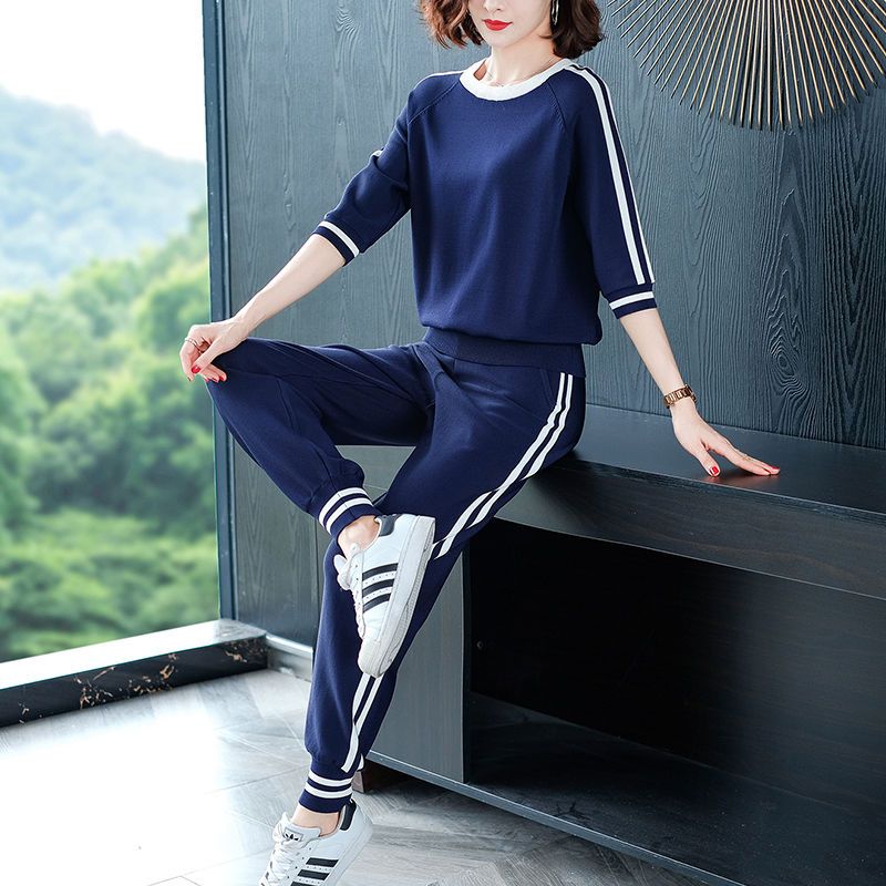 春夏女士半袖冰丝针织运动套装时尚洋气运动服宽松圆领休闲两件套