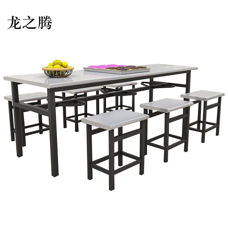 龙之腾不锈钢冷轧钢餐桌学生食堂公司职员户外桌椅组合1.6米餐桌+6把椅