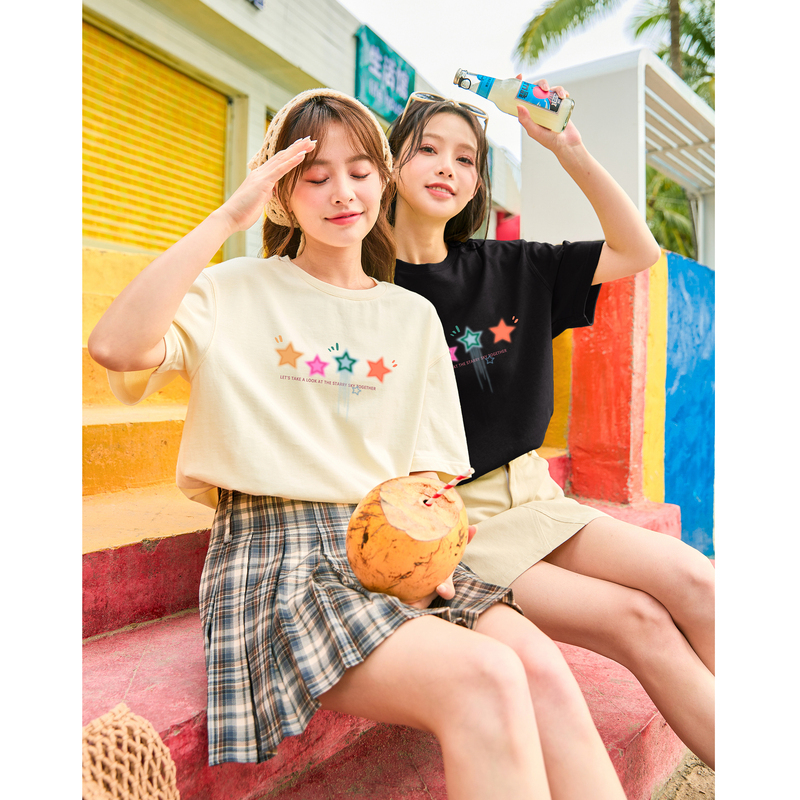 [1.5折价42元]唐狮新款复古美式上衣女后背印花夏季纯棉宽松短袖T恤小众sz