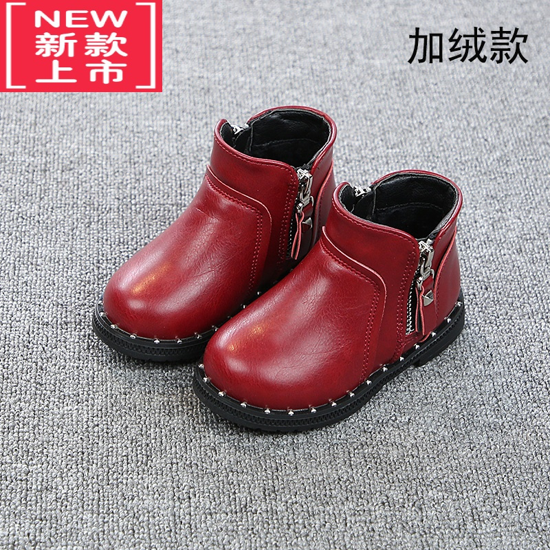 可莉允女童靴子2022秋冬季新款儿童短靴洋气公主小童鞋加绒宝宝马丁靴皮