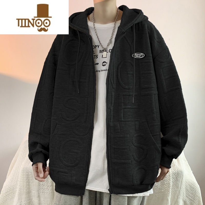 YANXU外套男新款潮牌拉链字母开衫卫衣ins港风百搭宽松连帽上i高清大图
