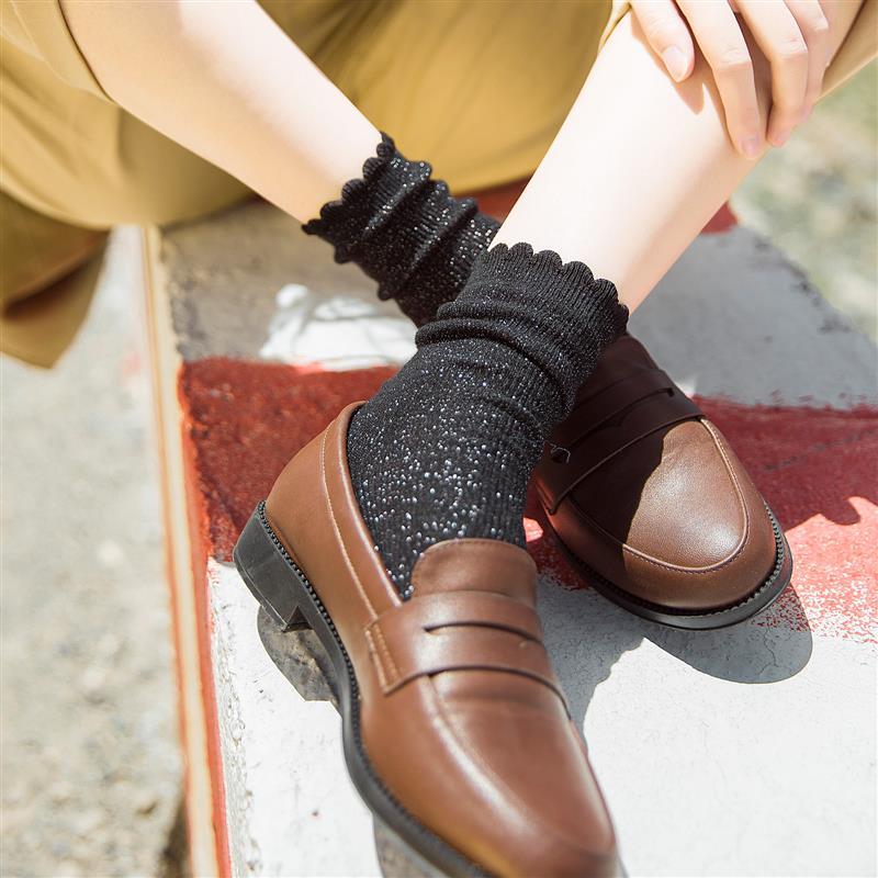 花边黑色春秋中筒袜配皮鞋ins潮外穿堆堆袜夏季薄款长筒袜