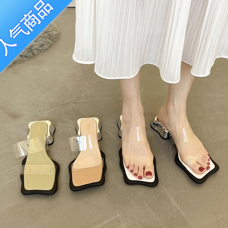 SUNTEK透明凉拖鞋女夏外穿2023年新款方头一字带水晶粗跟时尚中跟凉鞋拖高清大图