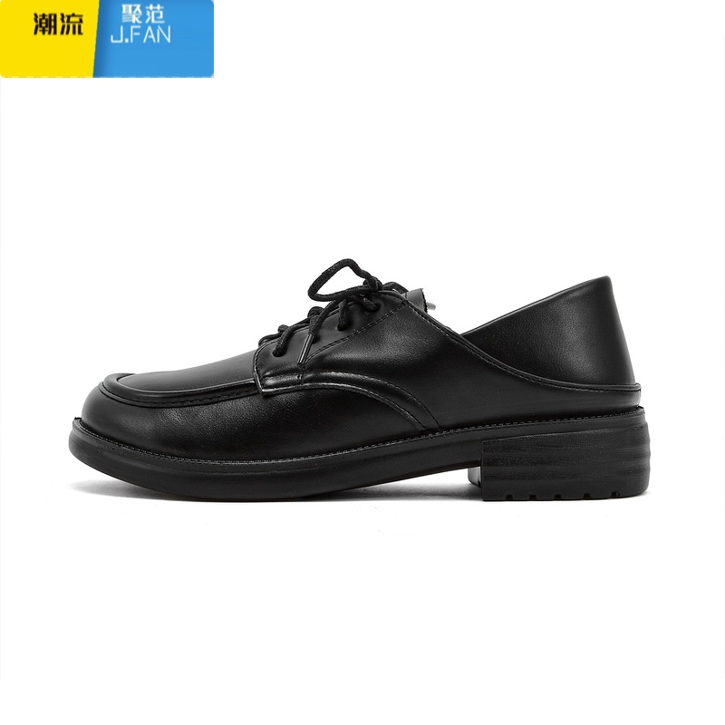 聚范黑色工作小皮鞋女2023新款百搭平底皮面英伦学院风乐福鞋系带单鞋高清大图