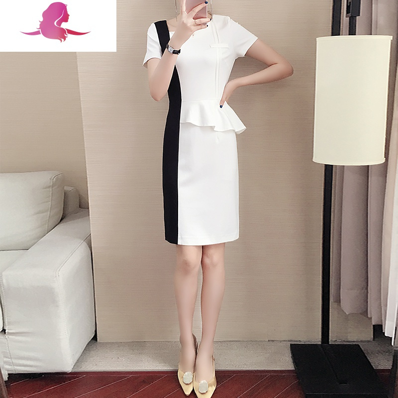 艳如飞白色连衣裙女装时尚新款气质遮肚子荷叶边包臀裙短袖ol修身职业装连衣裙