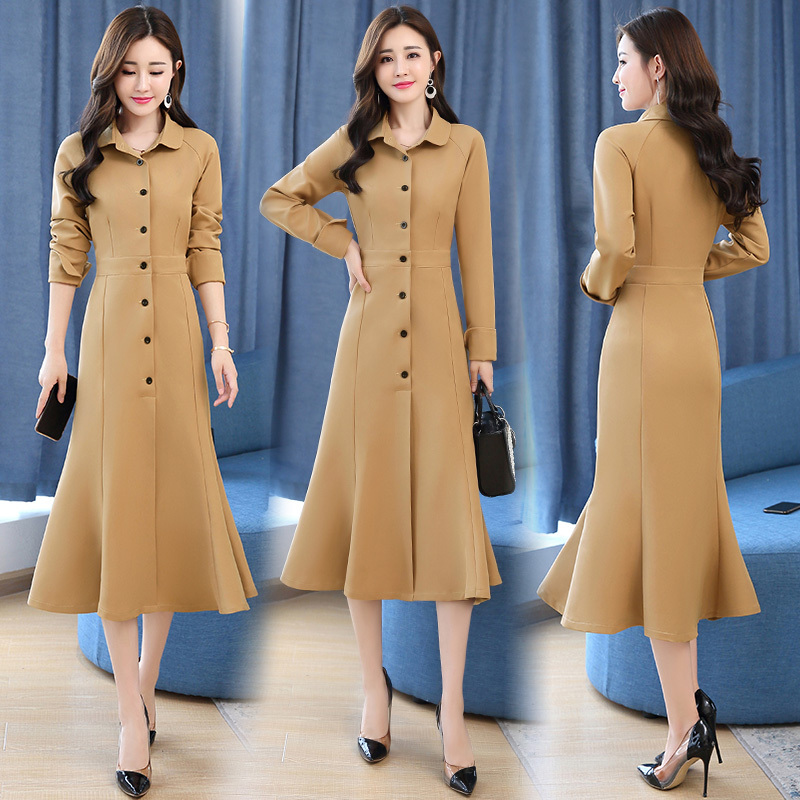 女士秋装新品女装时尚复古气质娃娃领风衣式收腰显瘦鱼尾摆连衣裙