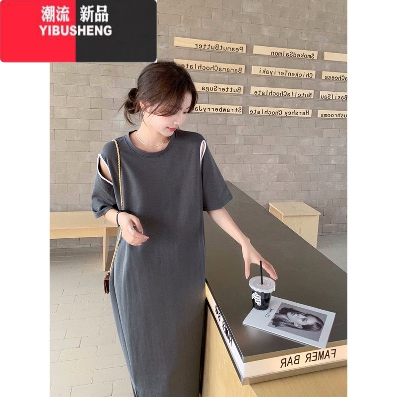 YIBUSHENG设计感镂空过膝长款连衣裙女季新款胖mm大码300斤宽松显瘦t恤S高清大图