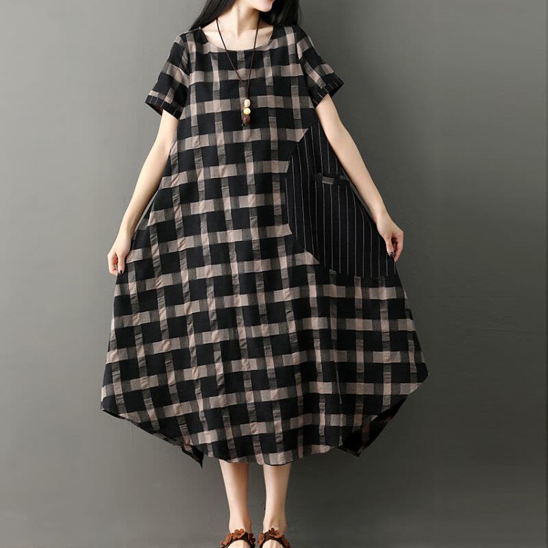 迪鲁奥(DILUAO)2021夏装新款时尚短袖棉麻格纹中长连衣裙韩版显瘦宽松大码孕妇裙 黑色图片