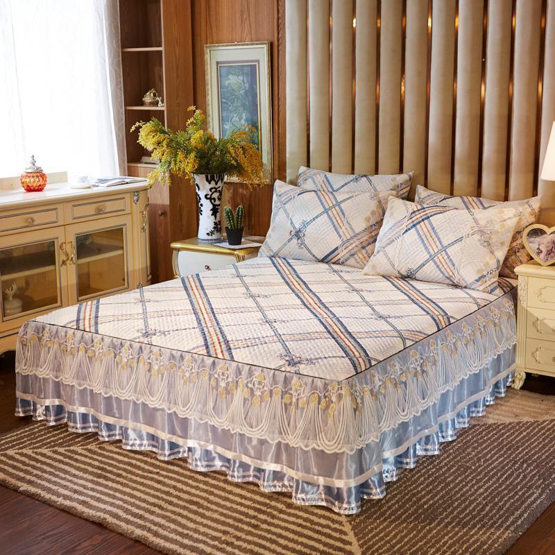 美帮汇欧式蕾丝床裙冰丝席三件套1.8米加厚可折叠机洗凉席空调软席子2米 莫兰蒂 1.5m（5英尺）床