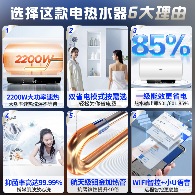 海尔(Haier)电热水器50升一级能效双省电模式健康抑菌M式进水升级钼金加热管EC5001-MC3ProU1高清大图