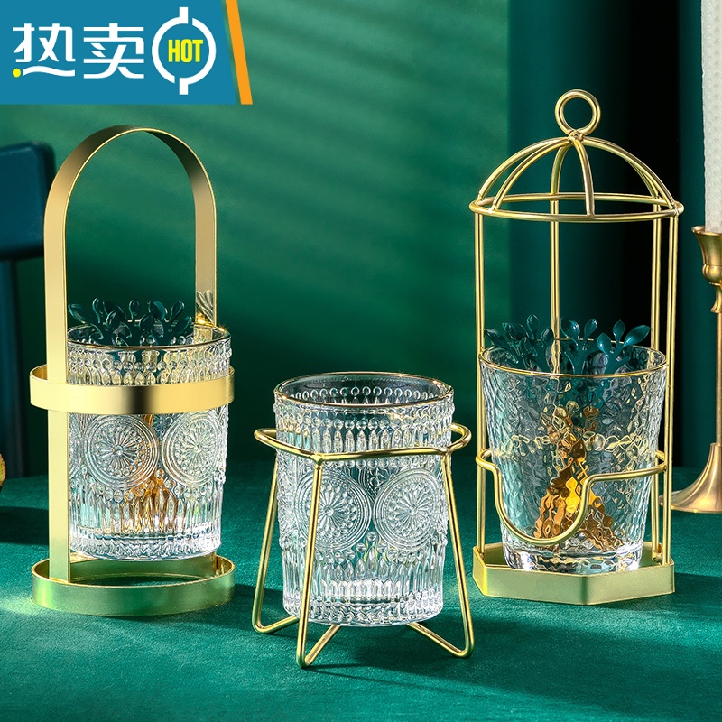 敬平304不锈钢水果叉子轻奢高端甜品蛋糕叉收纳罐套装家用水果签果插 提手水果叉筒架+金边浮雕杯高清大图