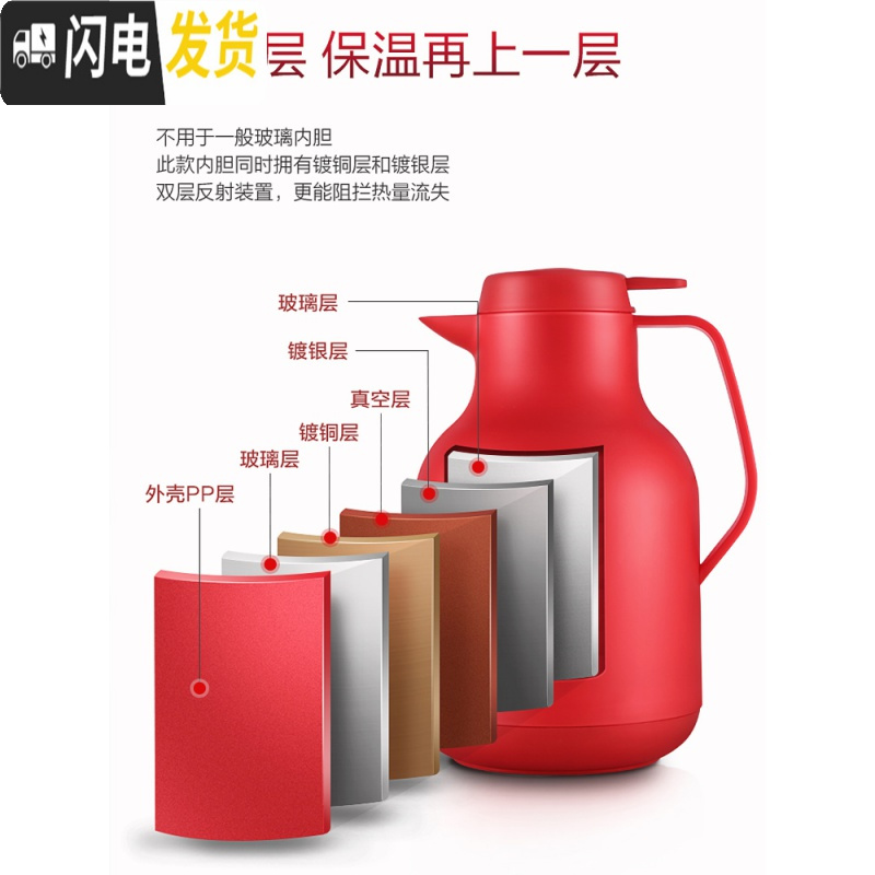 三维工匠保温水壶 北欧式风家用1500大容量玻璃红内胆家居暖热水瓶 粉色保温杯