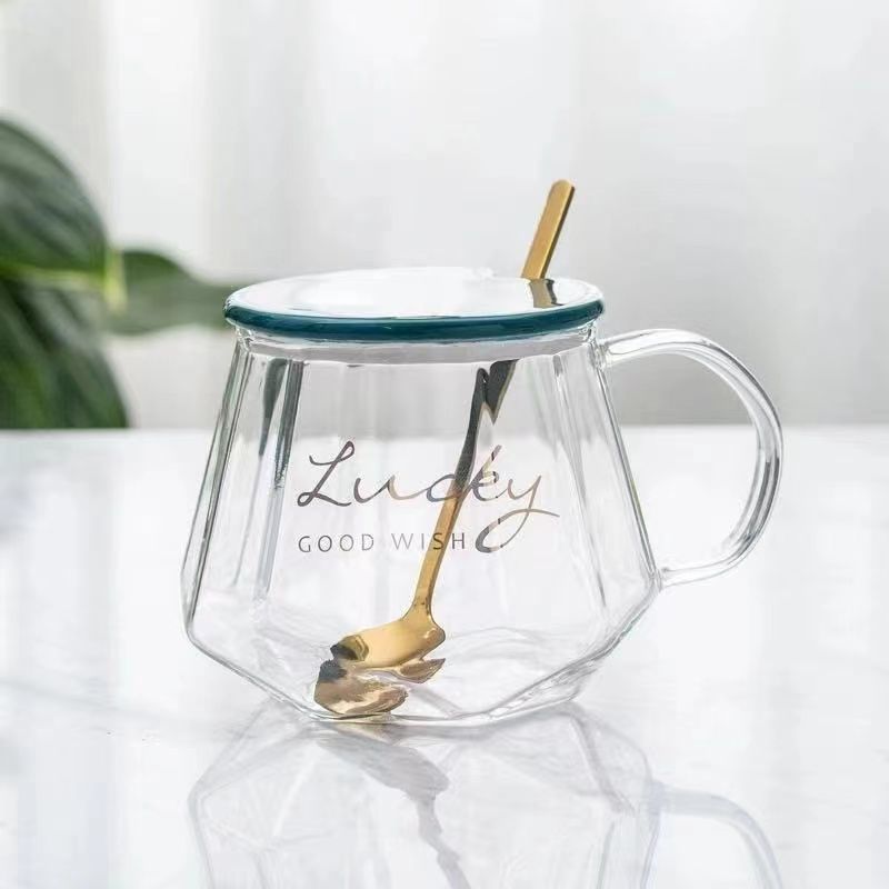 平盖绿色lucky 快递泡沫包装 恒温玻璃杯子透明带把咖啡杯情侣水杯女家用茶杯伴手礼马克杯带盖