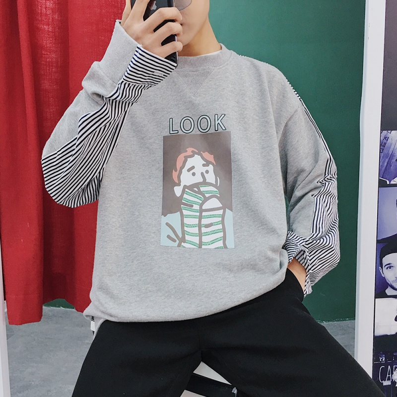 春装新款韩版学生日韩风情侣条纹拼接圆领套头卫衣男bf宽松上衣