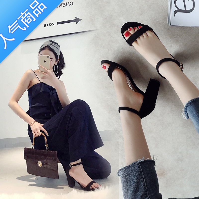 SUNTEK凉鞋女中跟2023夏季新款欧美一字带粗跟黑色绒面百搭露趾高趾S黑高清大图