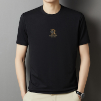 专柜新款男士冰丝短袖t恤男夏季印花桑蚕丝粉色圆领宽松上衣潮牌 185 黑色