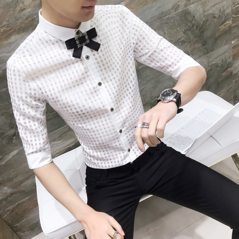 2018夏款新款男装型师七分袖衬衫宴会婚礼礼服伴郎服男士衬衣潮