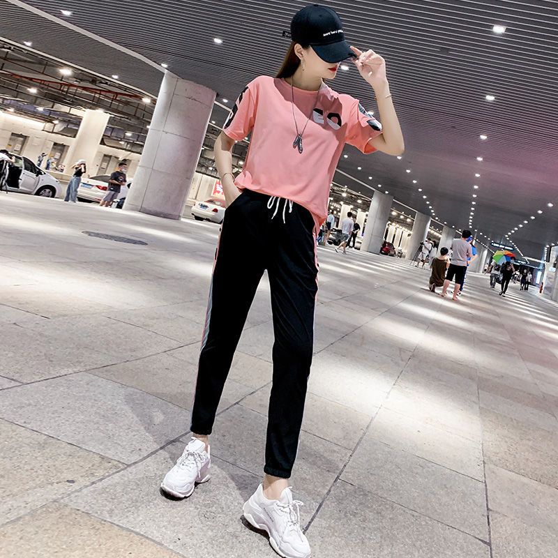 真维斯清纯甜美休闲运动服套装女装夏薄款两件套短袖束脚九分裤潮