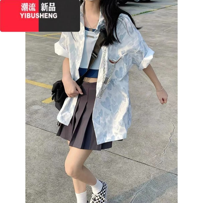 YIBUSHENG多巴胺穿搭设计感小众chic港味美式复古短袖衬衫半身裙两件套装
