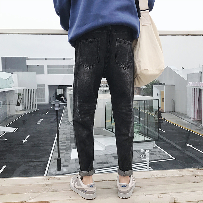 2018春季弹力黑灰色哈伦裤男牛仔裤宽松大码小脚裤青少年日系男裤