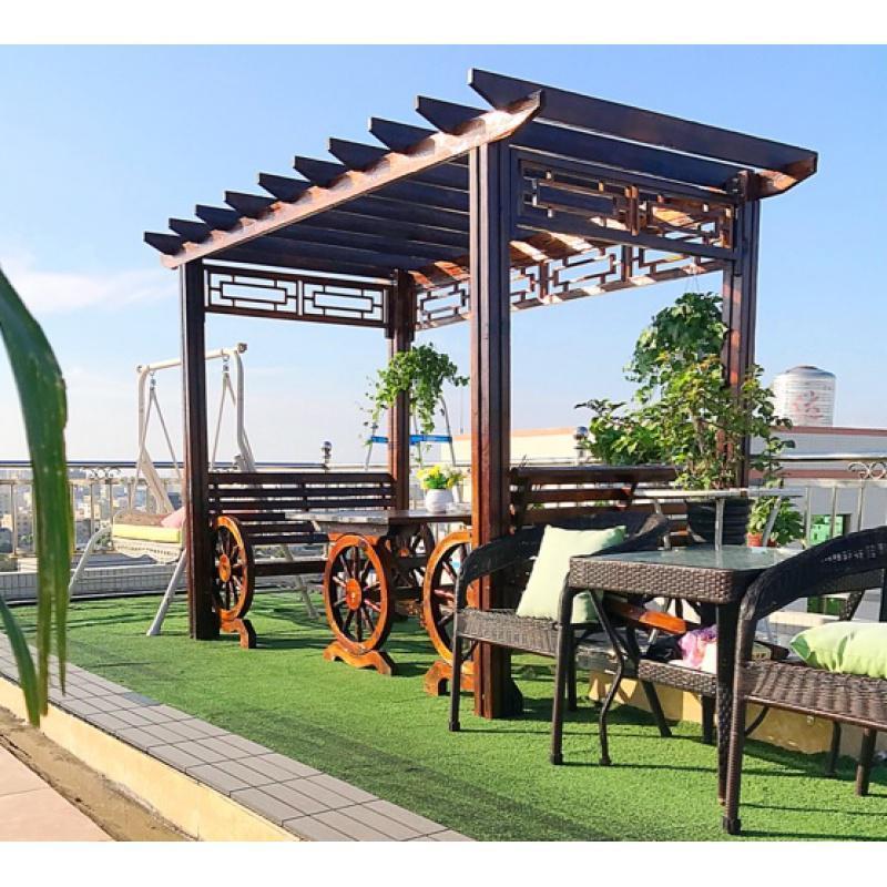 森美人防腐木屋凉亭葡萄架户外庭院桌椅休闲家具花园碳化实木爬藤花架 （新款）F款专利75宽车轮桌