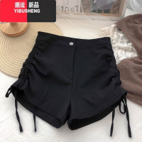 YIBUSHENG季薄款系带休闲短裤女2023新款大码弹力高腰显瘦a字辣妹热裤薄 2XL建议130-140斤 黑色