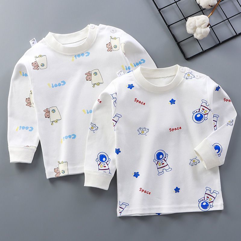 春秋季单秋衣中小童长袖T恤男童女童秋衣肩扣单上衣 超值两件装-太空员1+1茶杯熊 尺-码100cm（A类品质-有肩扣）
