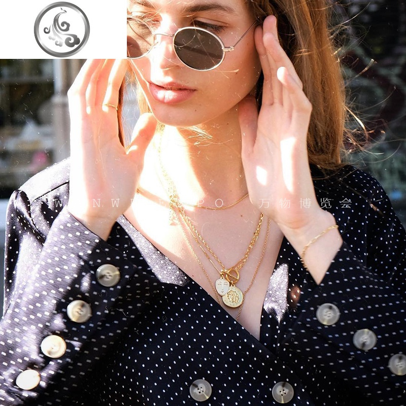 典藏S925银镀金欧美硬币项链 ins双面浮头像玫瑰复古文艺锁骨链 JiMi高清大图