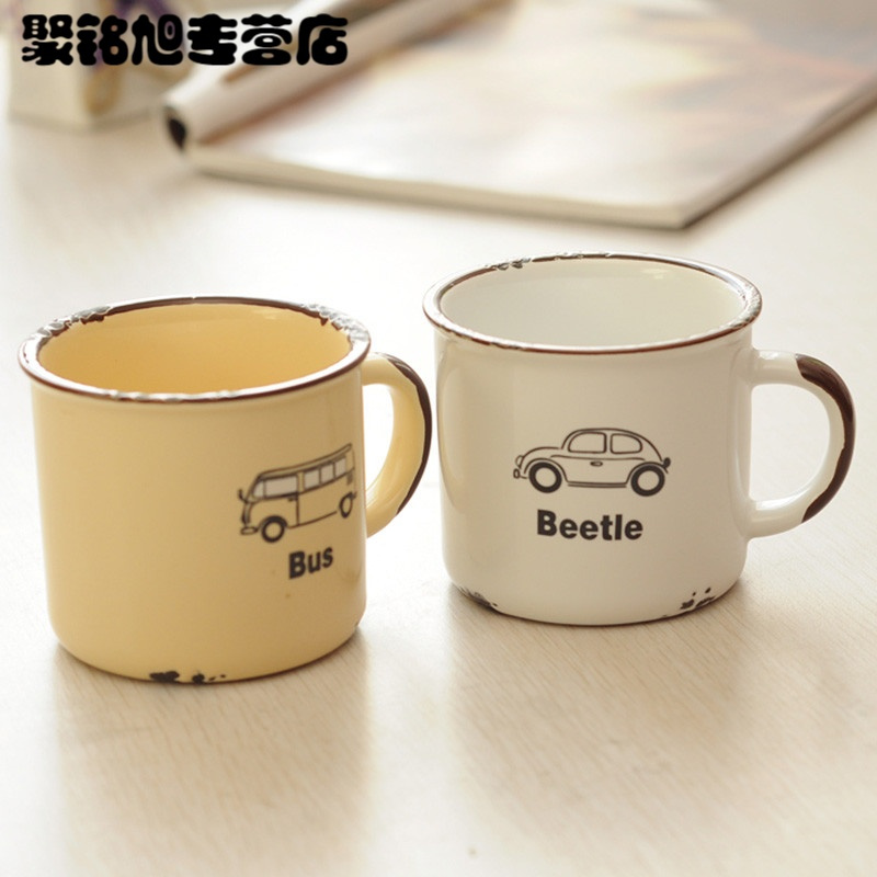 仿搪瓷杯子怀旧创意陶瓷杯子马克杯可爱卡通水杯情侣陶瓷咖啡杯