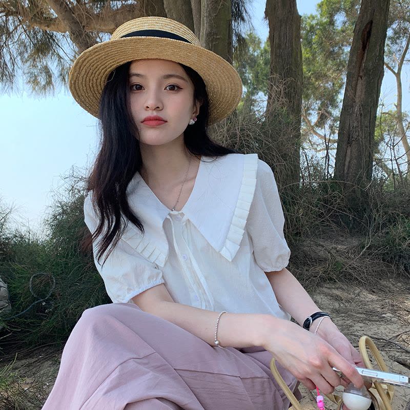 2022夏季新款韩版大翻领显瘦娃娃衫衬衫上衣女图片