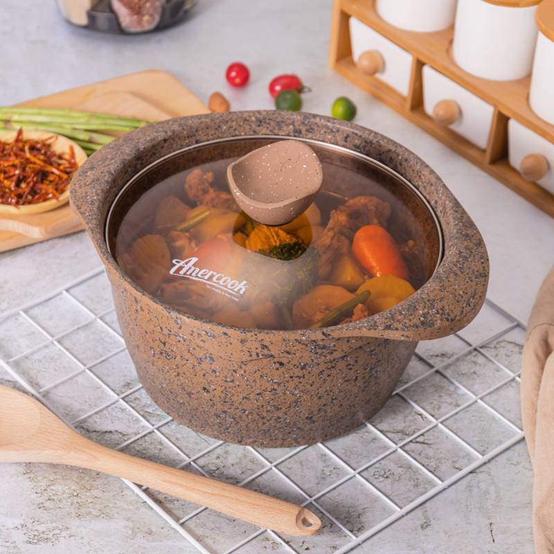 AMERCOOK阿尔菲塔麦饭石汤锅不粘锅24cm 家用汤锅合金无油烟炖锅煲汤锅火锅平底锅 燃气灶电磁炉通用锅 咖啡色