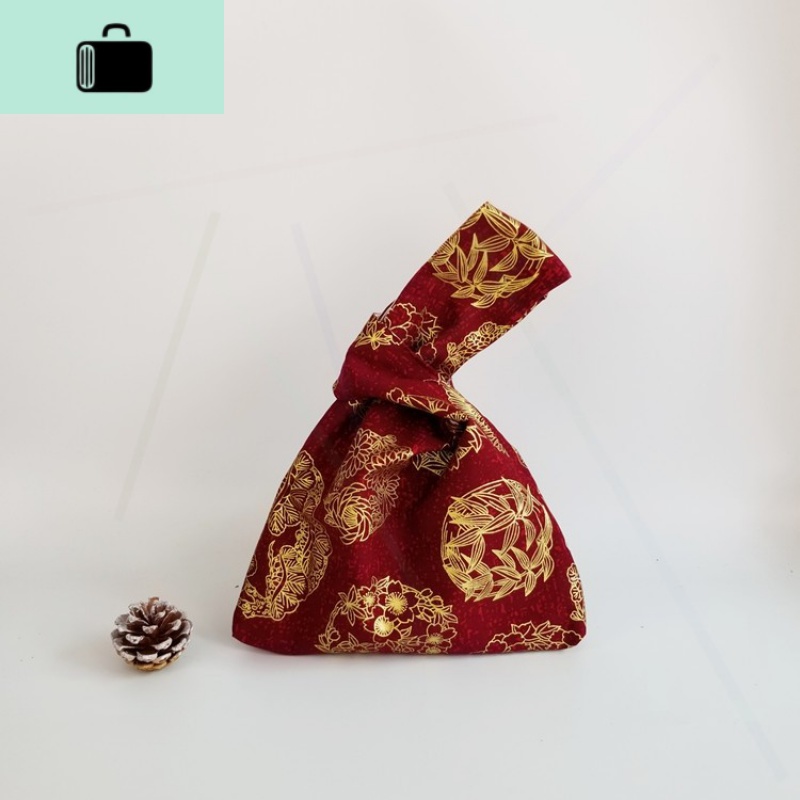 日式新款和风套结布袋手挽手腕包遛弯散步钥匙零钱包手提手拎袋女NEWLAKE 红圆花