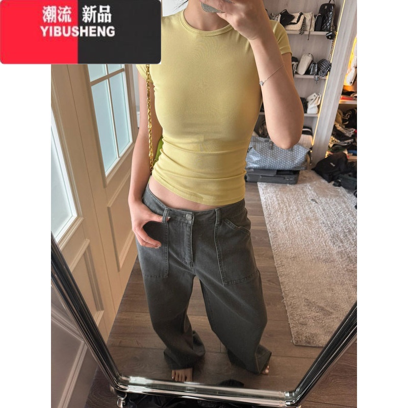YIBUSHENG基础款美式辣妹紧身正肩短袖t恤女季2024新款修身收腰短款上基高清大图