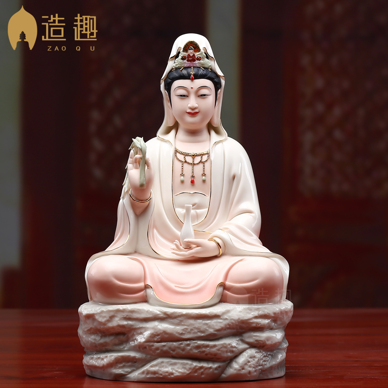 陶瓷观音菩萨佛像家用供奉客厅佛摆件坐莲观世音菩萨微笑观音 三维工匠 16寸三莲慈祥观音兰衣小花C05-313B高清大图