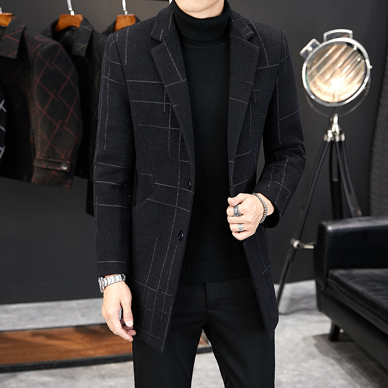 newlake秋冬妮子外套中长款风衣男韩版修身格子呢大衣男士西装毛呢