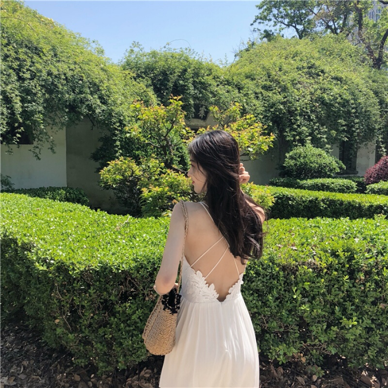 夏装2018新款女韩版复古chic连衣裙长裙少女心仙女裙温柔风带裙 白色 均码