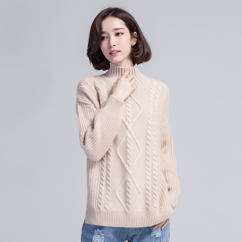 秋冬女式山羊绒衫纯色半高领麻花常规款羊绒衫加厚针织毛衣