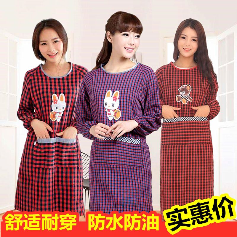 纯棉加厚围裙女厨房长袖反穿衣时尚成人罩衣加长男女防污护衣