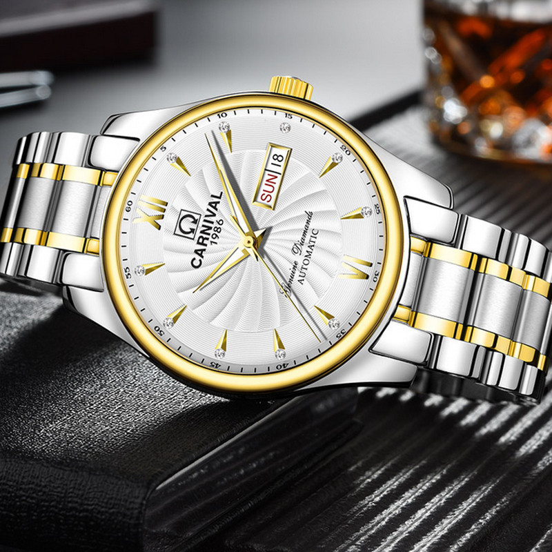 瑞士嘉年华Carnival手表男士全自动机械表 男双日历显示防水夜光男表金属精钢腕表休闲时尚大三针旋风系列8670G高清大图