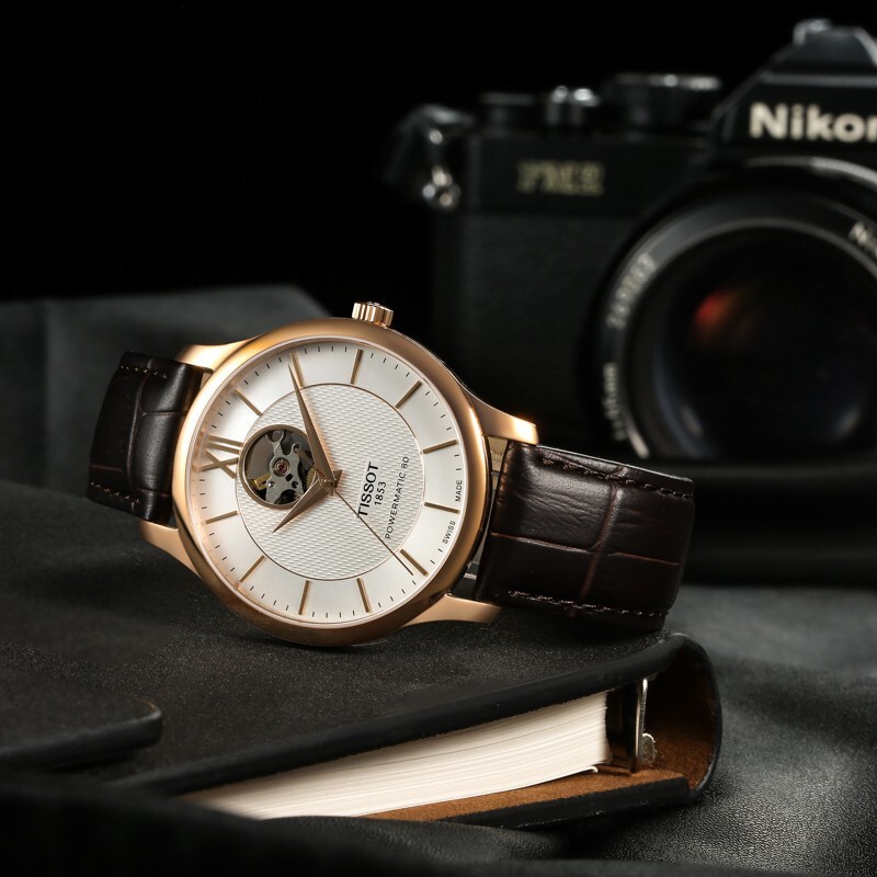 天梭（TISSOT）瑞士品牌手表男俊雅系列1853镂空全自动机械 玫瑰金皮带T063.907.36.038.00高清大图