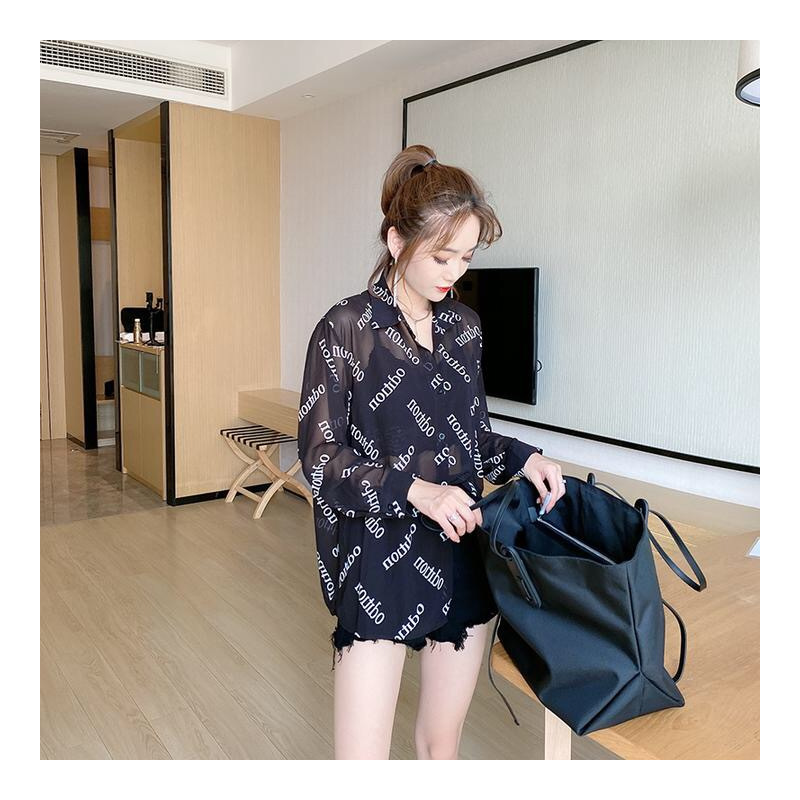艳如飞港风衬衫女设计感小众夏季显瘦韩版时尚中长款字母印花心机上衣潮衬衫