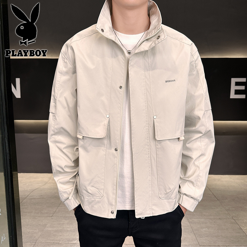 花花公子新款高品质简约字母压印立领夹克外套高清大图