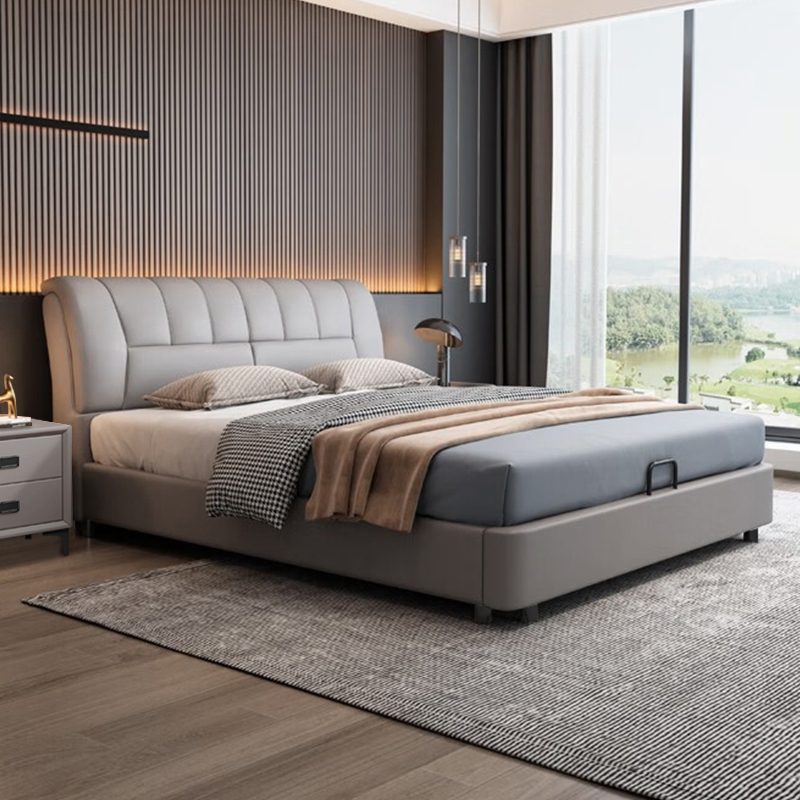 意式真皮床轻奢现代简约主卧室双人床实木加厚储物床家用软包婚床高清大图