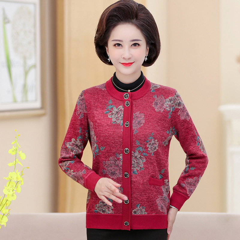 品牌送礼妈妈装羊绒衫女中老年奶奶宽松加大码毛衣本命年老太太开衫女羊绒开衫女印花毛衣女中老年人保暖羊毛衫加绒外套高清大图