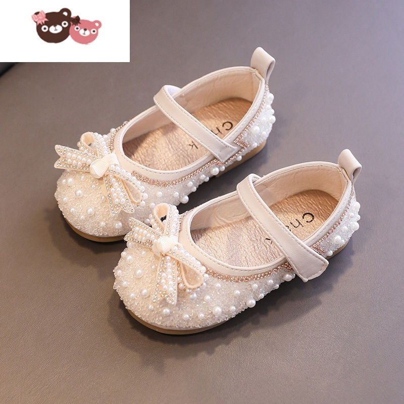 绿彩虹光公主鞋女童春秋季新款软底宝宝珍珠单鞋儿童皮鞋粉色小女孩