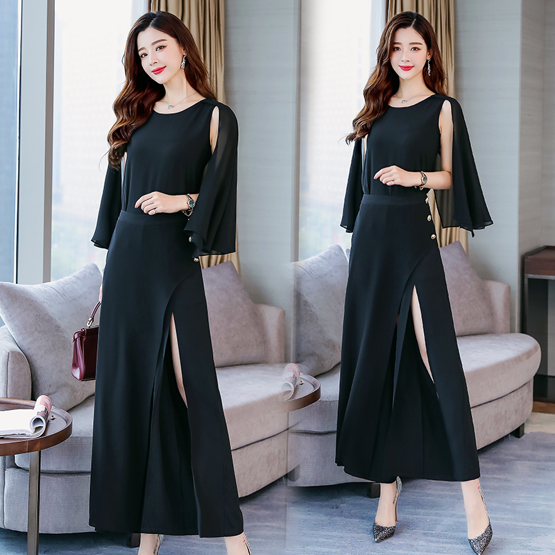 气质女神范时尚套装女女士夏款新品小香风俏皮雪纺阔腿裤两件套潮