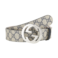 GUCCI/古驰 腰带 男款经典款大logo双G印花米蓝帆布银扣