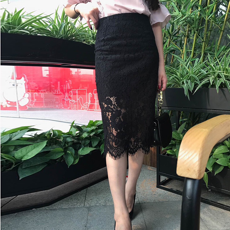 蕾丝半身裙包臀裙高腰黑色裙子女春秋中长款一步裙显瘦长裙